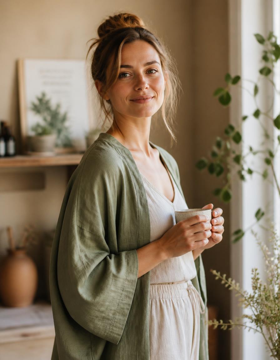 Vrouw met een kop kruidenthee in een rustig, licht huis